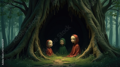Whimsical depiction of tiny forest spirits living together in the hollow of a large old tree, surrounded by nature.