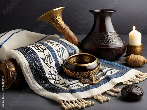 A sacred prayer shawl elegantly draped, showcasing its intricate Hebrew embroidery, accompanied by ancient ritual objects; rich dark tones and warm lighting.