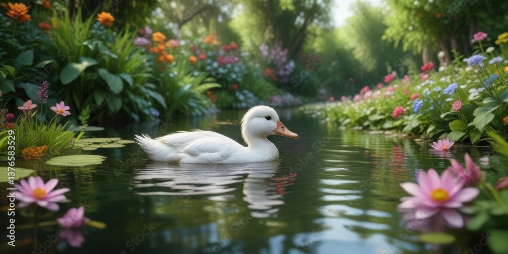 Obraz premium A white wooden duckling swims in a serene pond surrounded by lush greenery and vibrant flowers , Pond life, aquatic, nature