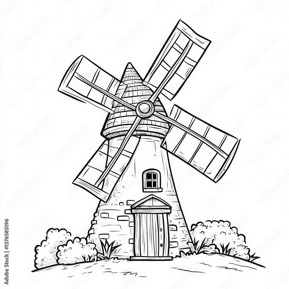 Fototapeta premium Illustration of a traditional windmill with a stone base and rotating blades surrounded by bushes.