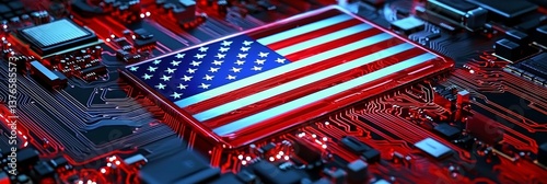 Illustration of the American flag integrated into a computer circuit board design.