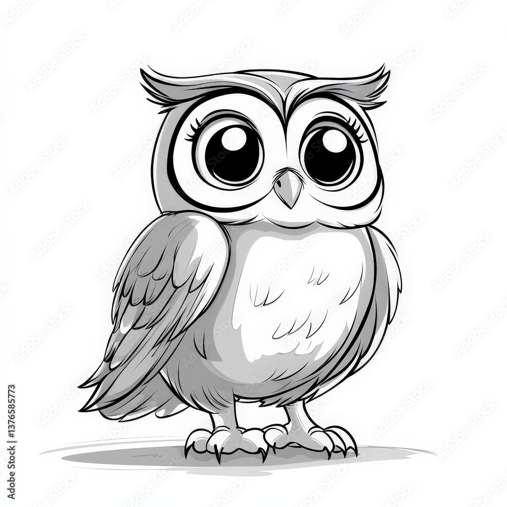 Fototapeta premium Black and white cartoon owl with large eyes and feather details on a plain background.