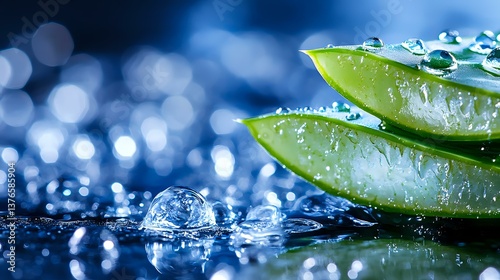 Fresh aloe vera leaves with water drops on dark background with bokeh lights, macro photography for cosmetic and wellness products and advertising.