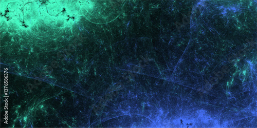 Dark and colorful cement wall background. Universe with nebulae, galaxies and star clusters. Old vintage blue, green background with distressed texture. Atmospheric and mystic smoke background.