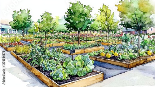 A picturesque depiction of a thriving community garden in an urban setting. 