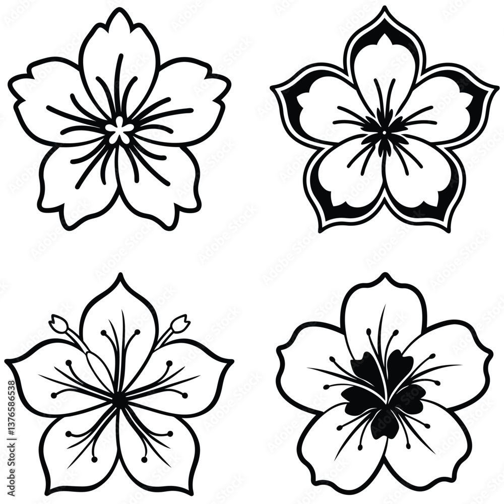Obraz premium Black and white floral set with flowers leaves and decorative elements