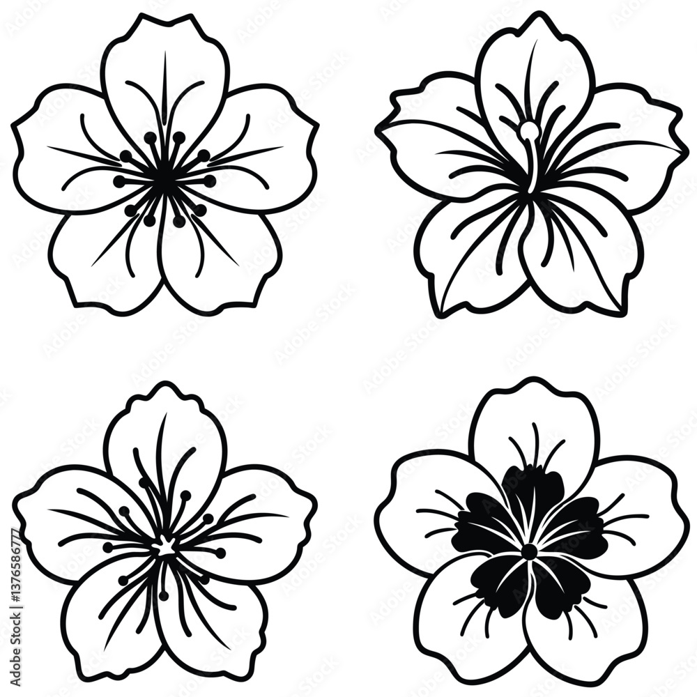 Fototapeta premium Black and white floral set with flowers leaves and decorative elements