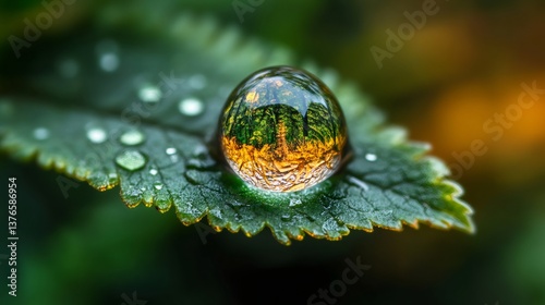 Drop of water reflecting forest on a green leaf