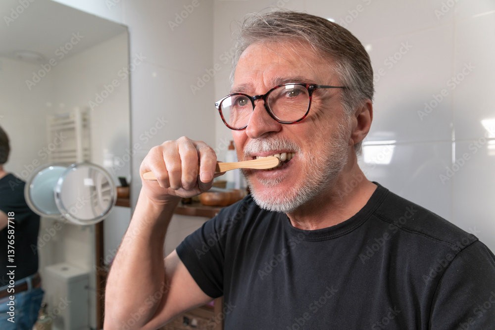 An older man grooms himself and goes through his morning routine and undergoes men's beauty treatments.