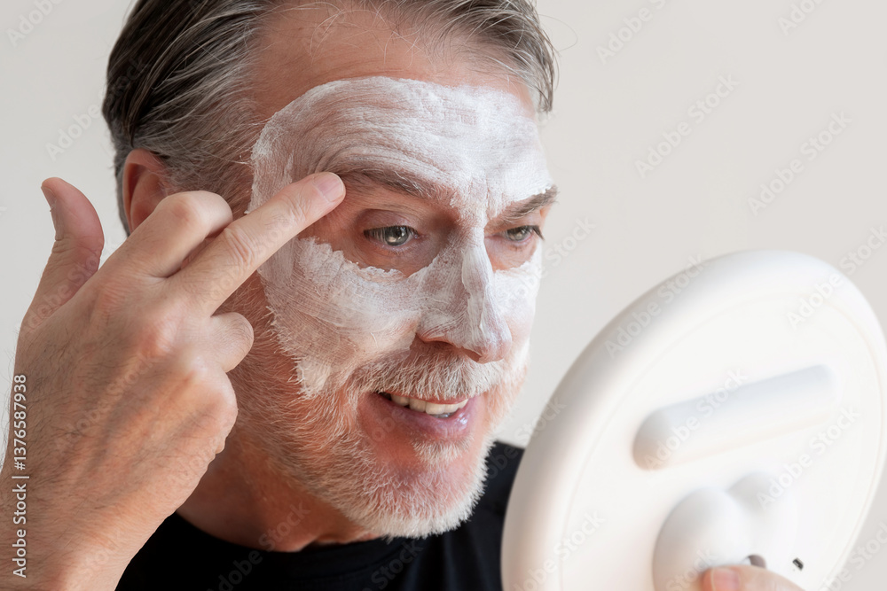 An older man grooms himself and goes through his morning routine and undergoes men's beauty treatments.