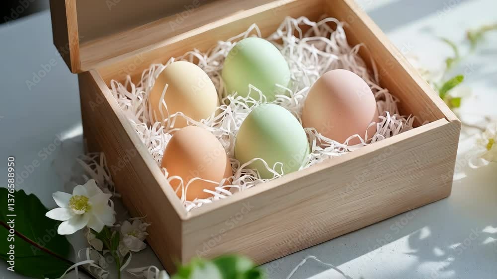 Pastel Easter eggs in a wooden box nestling in white shredded paper spring flowers nearby