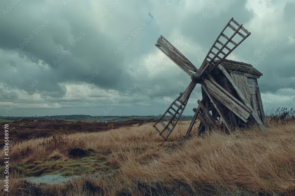 Fototapeta premium An Old Weathered Windmill Situated In A Field Under A Cloudy Sky