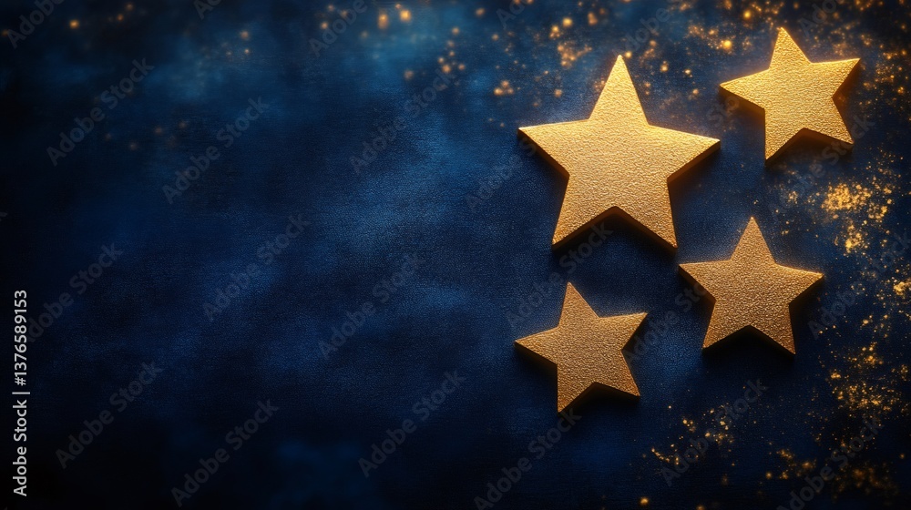 Fototapeta premium Golden stars shining on dark blue background with glitter