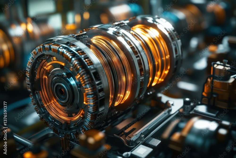 Obraz premium Close-up of a glowing, futuristic metallic device with intricate coils showcasing advanced technology.