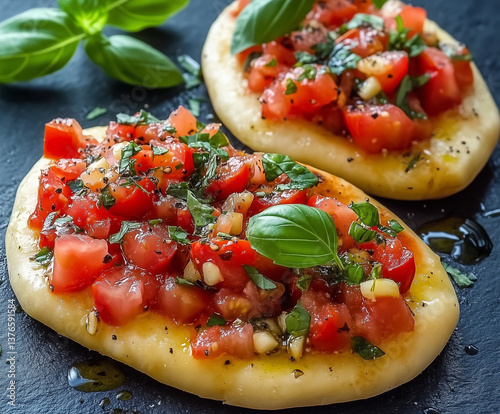  Bruschetta, a flatbread rubbed with garlic, topped with diced tomatoes