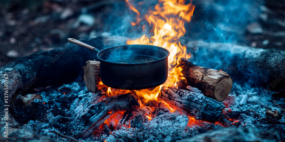 Metal saucepan boiling over open campfire with burning logs and glowing embers in a forest setting Metal saucepan boiling over open campfire with burning logs and glowing embers in a forest setting