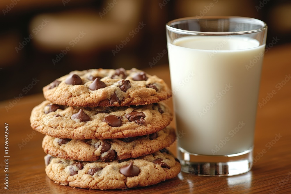 Freshly baked chocolate chip cookies stacked next to a glass of milk on a wooden table. Freshly baked chocolate chip cookies stacked next to a glass of milk on a wooden table.