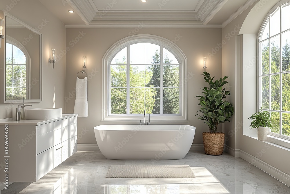 Fototapeta premium A bright and airy bathroom with a large window, bathtub, vanity, and indoor plants in neutral tones