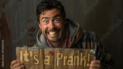 Surprised Man Holding 'It's a Prank' Sign – April Fools' Day