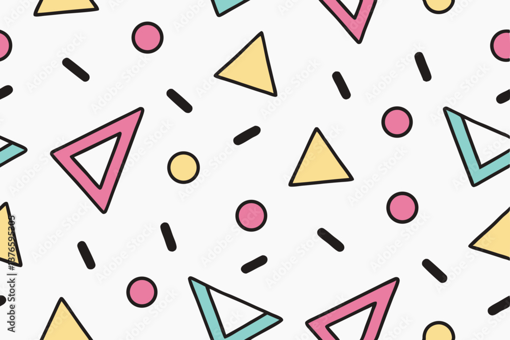 Retro 90s Geometric Seamless Pattern Triangles, Circles, Lines