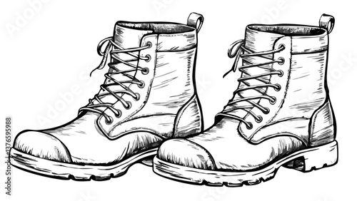 Classic Hiking Boots Sketch Drawing on White Background  