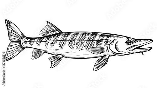 Detailed illustration of a fish swimming in black ink  