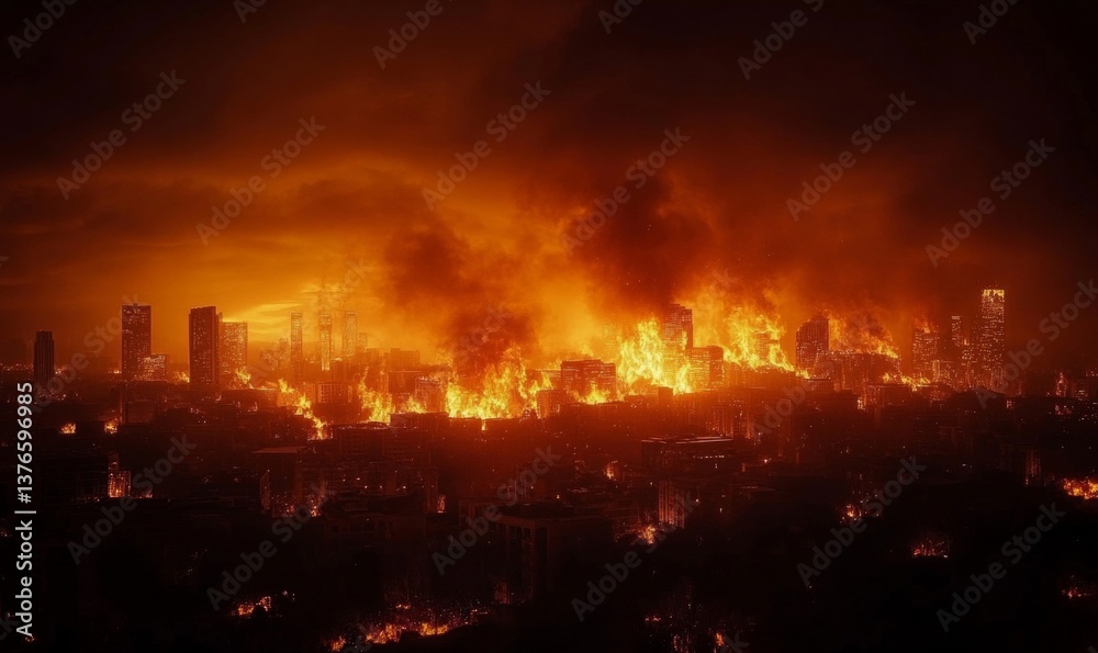 Fototapeta premium City skyline engulfed in intense fire with orange glow and smoke filling the night sky above buildings