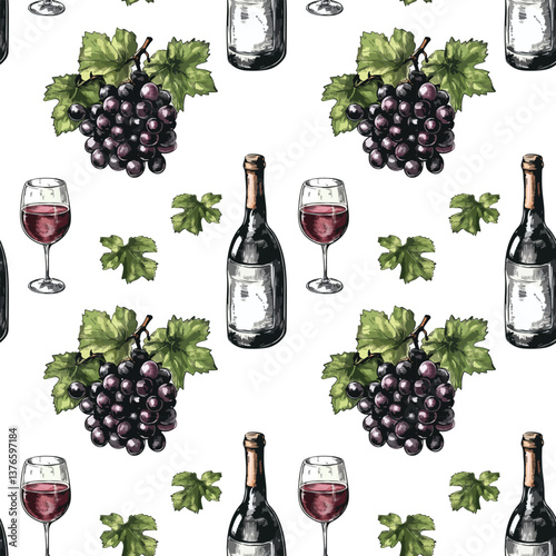seamless pattern of wine bottle glass and grape