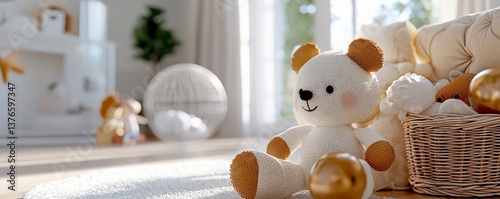 Explore the charm of Nordic kids room decor with pastel walls, creating a serene and inviting space Discover soft toys organized in baskets, adding a touch of whimsy and order to the room This design