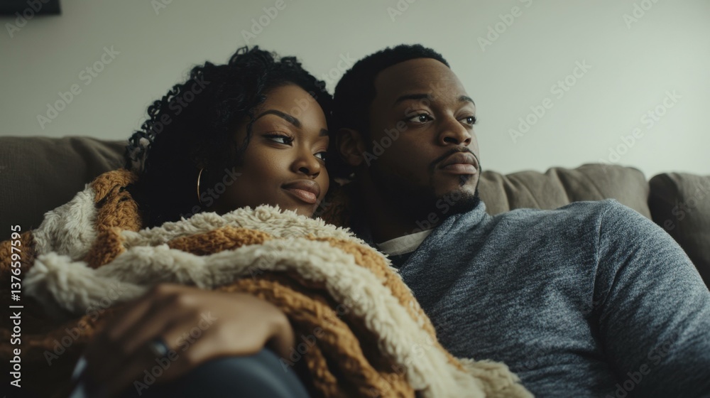 Obraz premium Relaxed African Descent Couple Cuddled on Couch Sharing a Blanket Looking Off into Distance with Thoughtful Expressions
