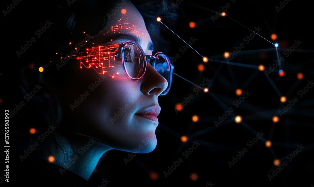 Woman wearing glasses with digital overlay and network connections in a dark environment