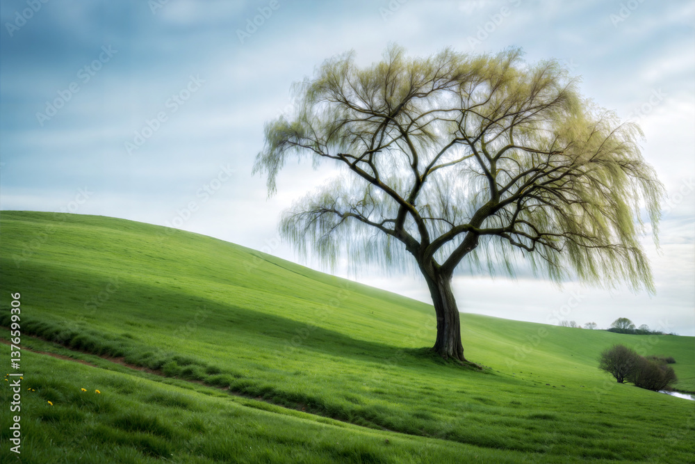 Lone tree on green hill under blue sky, Earth Day banner concept Lone tree on green hill under blue sky, Earth Day banner concept