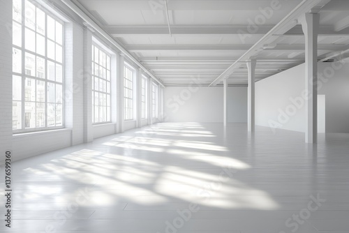 Bright white empty room with large windows and sunlight creating shadows on the polished floor space