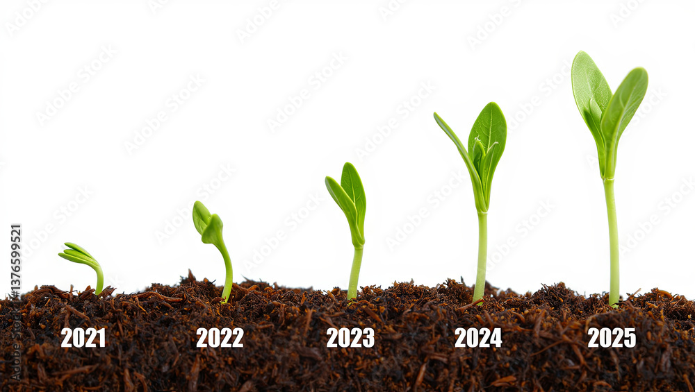 Seedlings grow in a rich, dark soil, each marked with years from 2021 to 2025. The image illustrates the gradual development of plants over time, showcasing nature's progress Seedlings grow in a rich, dark soil, each marked with years from 2021 to 2025. The image illustrates the gradual development of plants over time, showcasing nature's progress
