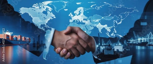 trustful business partnership: men shaking hands in front of map