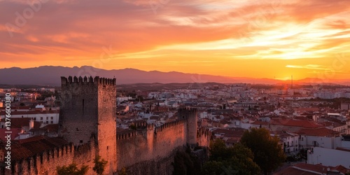 Breathtaking Sunset Over the Citadel of Badajoz: A Scenic View of Tower Espantaperros and Plaza Alta in a Historic Spanish City