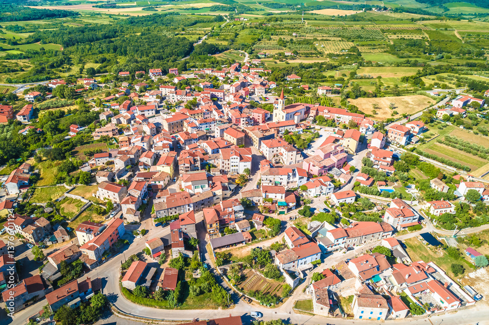 Croatia, Istria. Town of Brtonigla on green istrian hill aerial view