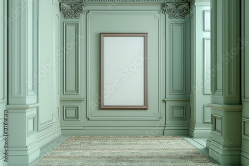 Elegant interior with mint green walls and empty frame for artwork