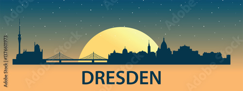 Black silhouette of the city of Dresden against the background of the Big Yellow Moon and starry sky