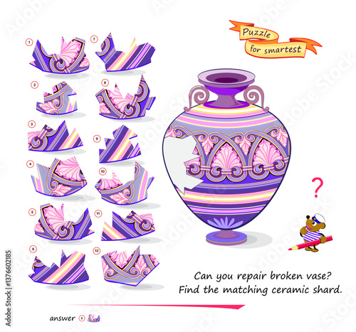 Can you repair broken vase? Find the matching ceramic shard. Logic puzzle game for smartest. Page for kids brain teaser book. Developing spatial thinking. Flat vector illustration.