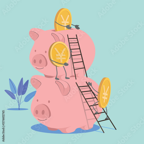 Saving money, piggy banks, gold coins yen, yuan. Vector graphics, investment profit, dividends, wealth, profitable deals