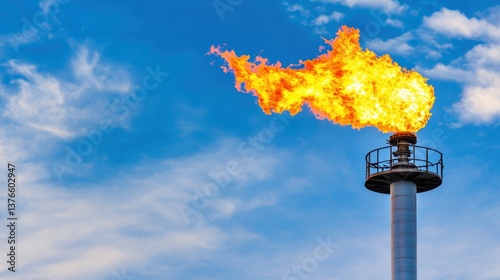 Gas flare stack burning off excess methane against a twilight sky, representing energy waste, emission control, and environmental challenges in oil and gas production