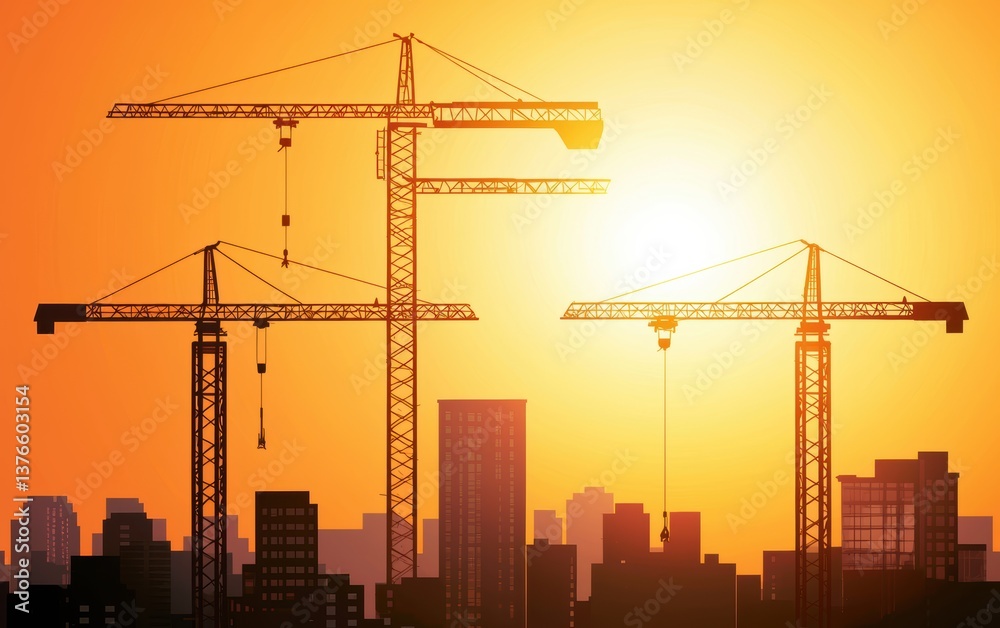 Dynamic urban silhouette with cranes towering over building frameworks, concept of real estate expansion, modernization, and structural design Dynamic urban silhouette with cranes towering over building frameworks, concept of real estate expansion, modernization, and structural design