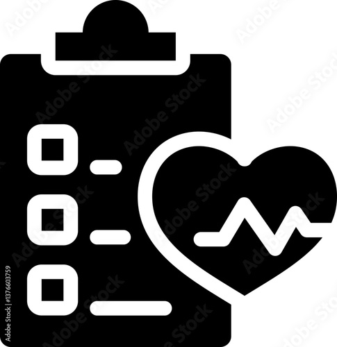 Medical checklist icon with heart monitor. Silhouette icon.