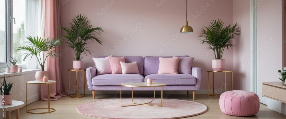 Fototapeta premium vibrant pink living room with purple couch: modern home decor inspiration