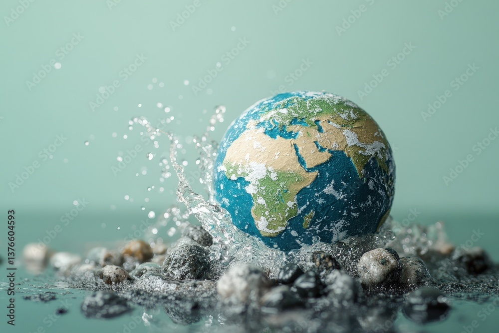 Fototapeta premium A miniature Earth surrounded by water and submerged in pebbles
