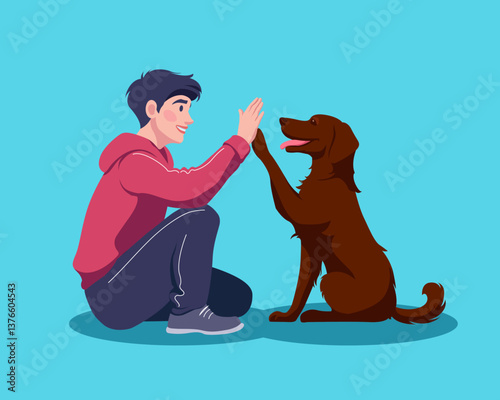 Young man and his dog sitting face to face on the ground, playing and giving each other a high five. Flat vector Illustration
