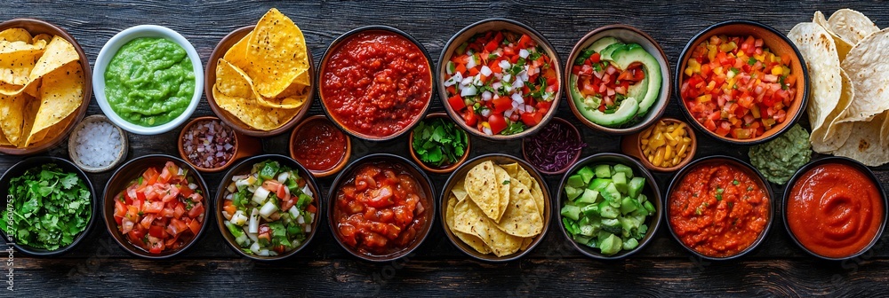 Fototapeta premium Cinco de Mayo, Delicious assortment of various Mexican sauces and tortilla chips displayed on a rustic wooden table Perfect for Mexican food recipes and culinary backgrounds