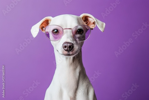 A White Dog Wearing Glasses Posing Against Purple Background