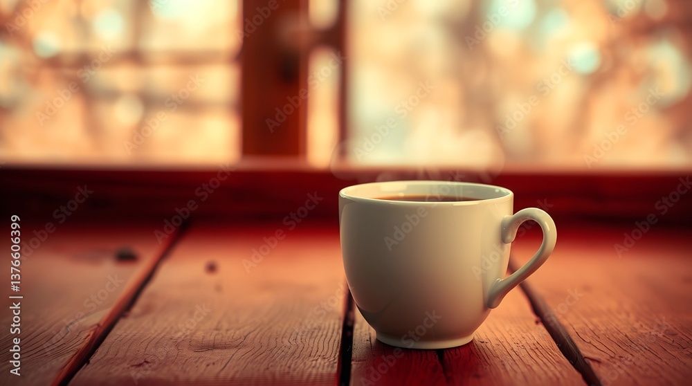 Obraz premium High-Resolution Stock Photo of a Coffee Cup on a Wooden Surface in a Mystical, Dreamlike Setting with Cool Tones of Blue, Green, and Purple, Creating an Ethereal and Elegant Mood